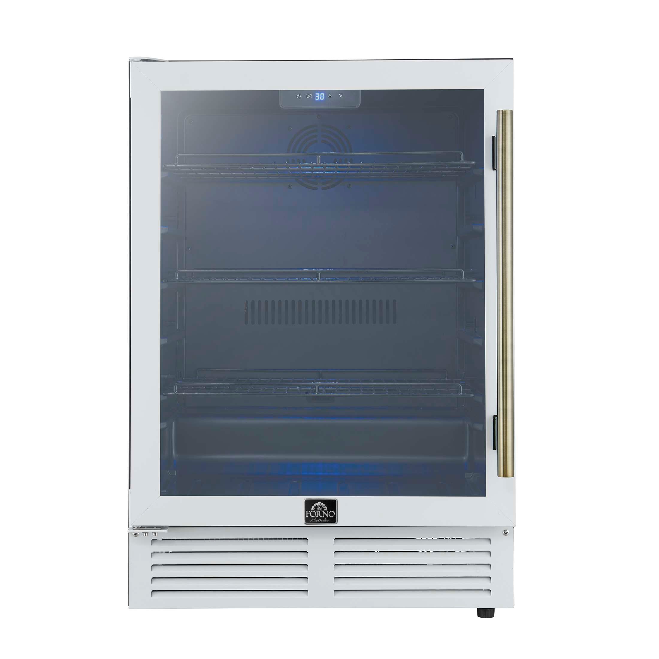 Forno Frescolino 24 Inch Beverage Cooler, White with Antique Brass Handles, with LED Lighting, Triple Glass Door, 188 Can Capacity, Built-In or Freestanding