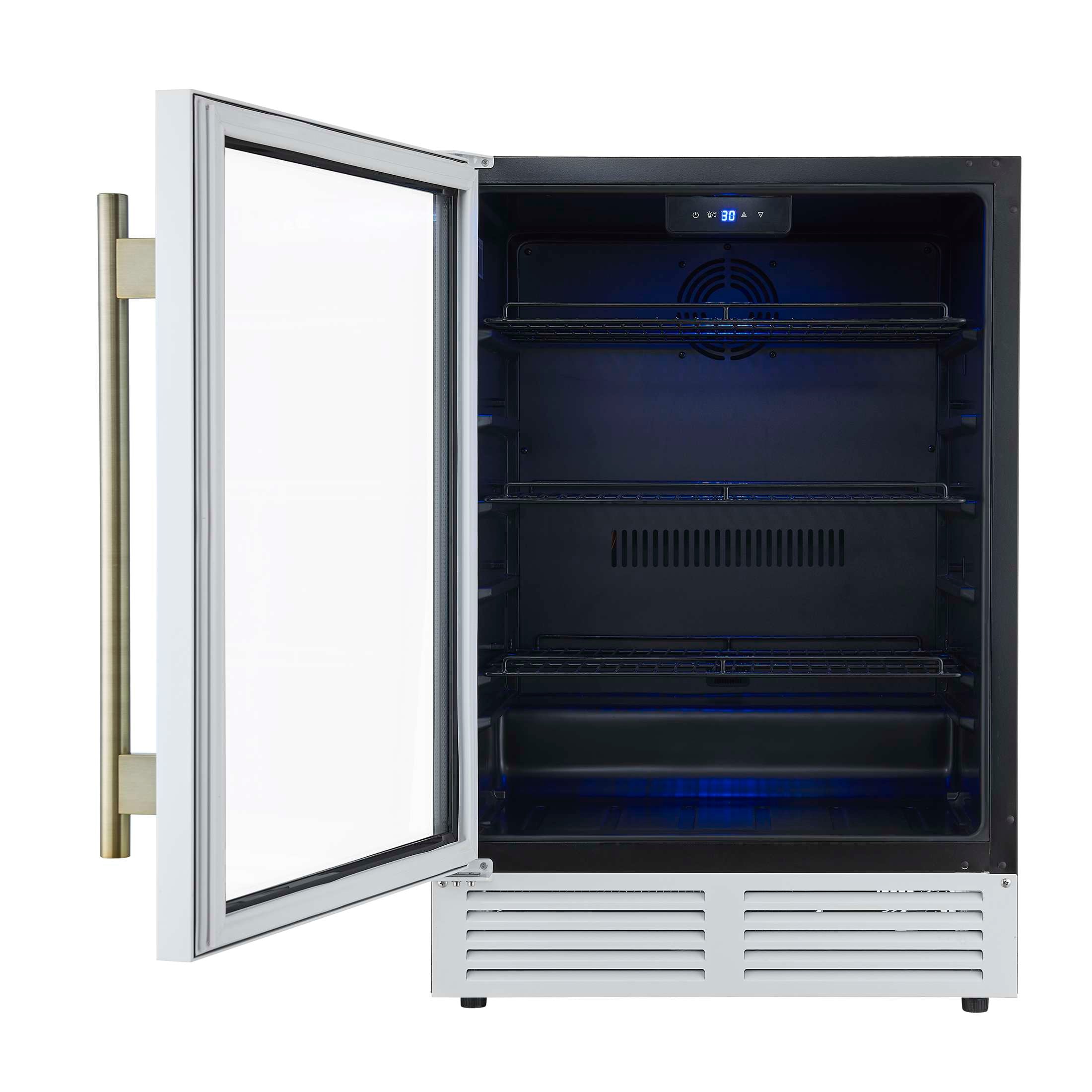 Forno Frescolino 24 Inch Beverage Cooler, White with Antique Brass Handles, with LED Lighting, Triple Glass Door, 188 Can Capacity, Built-In or Freestanding