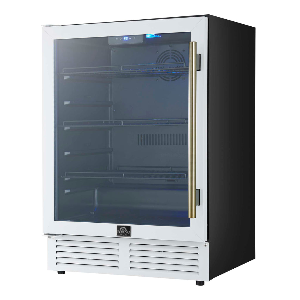 Forno Frescolino 24 Inch Beverage Cooler, White with Antique Brass Handles, with LED Lighting, Triple Glass Door, 188 Can Capacity, Built-In or Freestanding