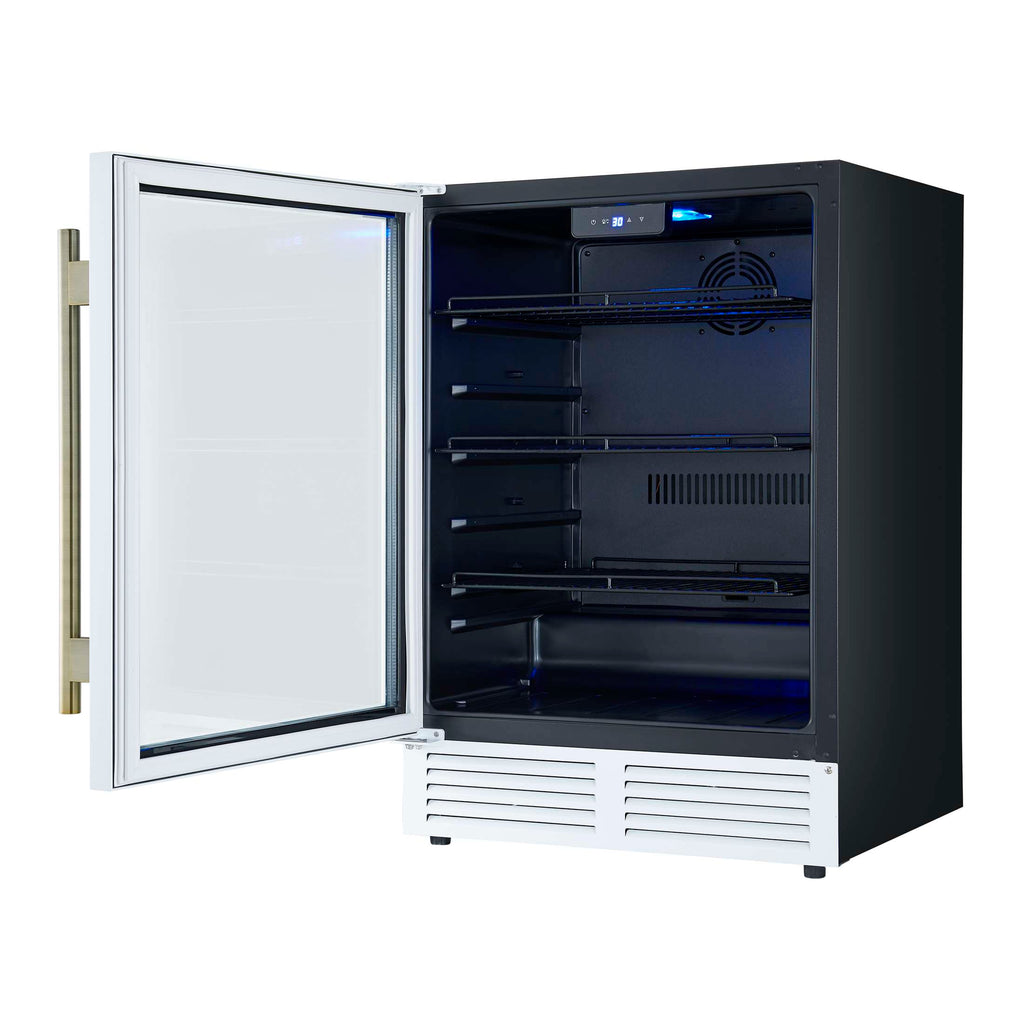 Forno Frescolino 24 Inch Beverage Cooler, White with Antique Brass Handles, with LED Lighting, Triple Glass Door, 188 Can Capacity, Built-In or Freestanding