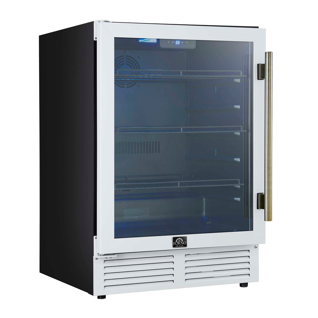 Forno Frescolino 24 Inch Beverage Cooler, White with Antique Brass Handles, with LED Lighting, Triple Glass Door, 188 Can Capacity, Built-In or Freestanding