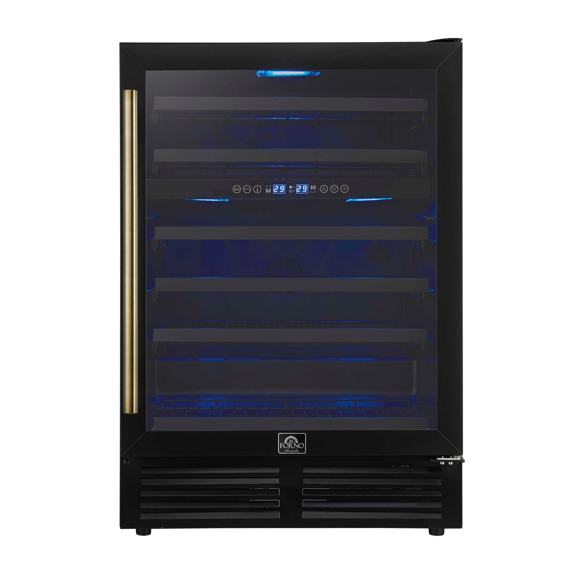 Forno Bacchino 24 Inch Wine Cooler, Black with Antique Brass Handles, with LED Lighting, Triple Glass Door, 51 Bottle Capacity, Built-In or Freestanding