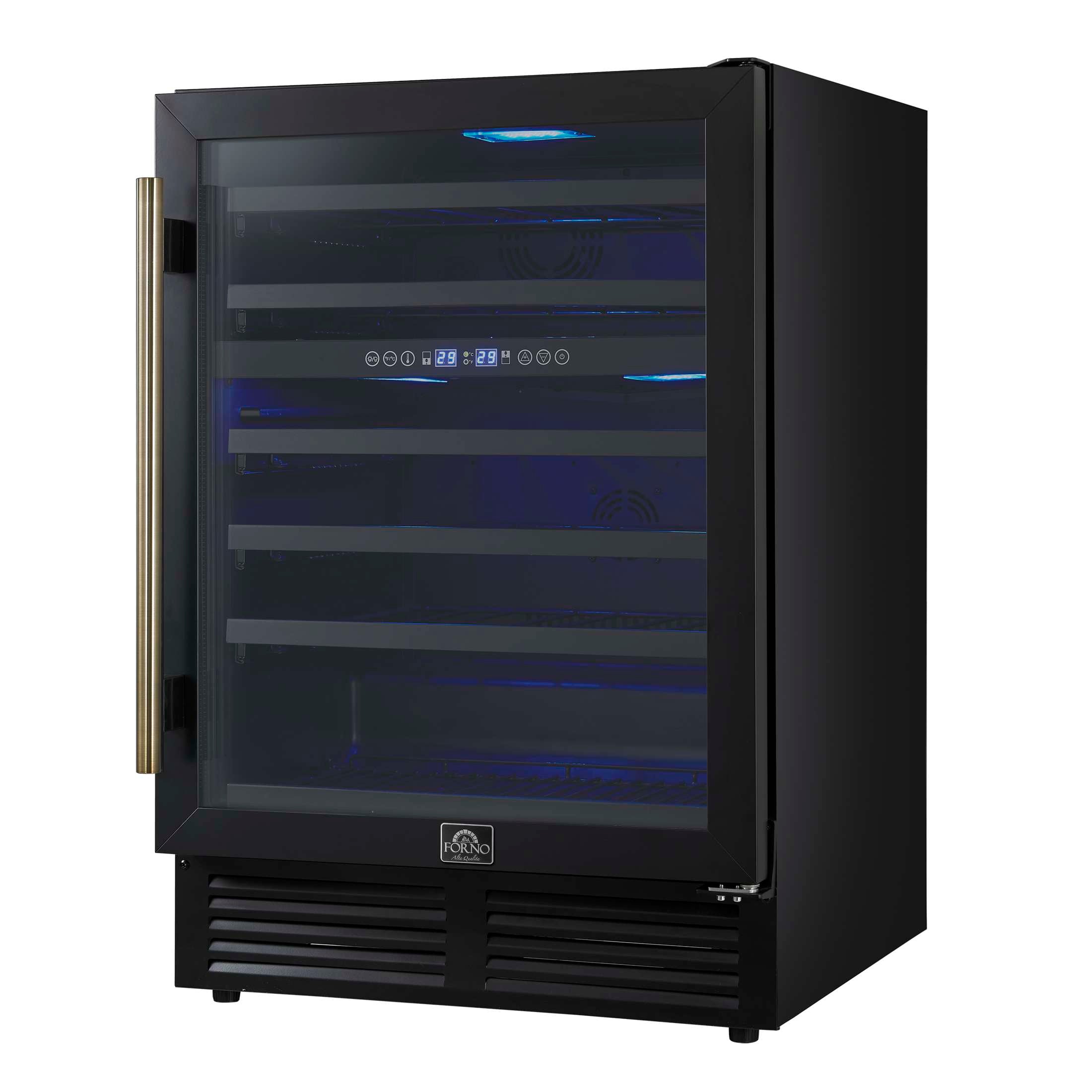Forno Bacchino 24 Inch Wine Cooler, Black with Antique Brass Handles, with LED Lighting, Triple Glass Door, 51 Bottle Capacity, Built-In or Freestanding