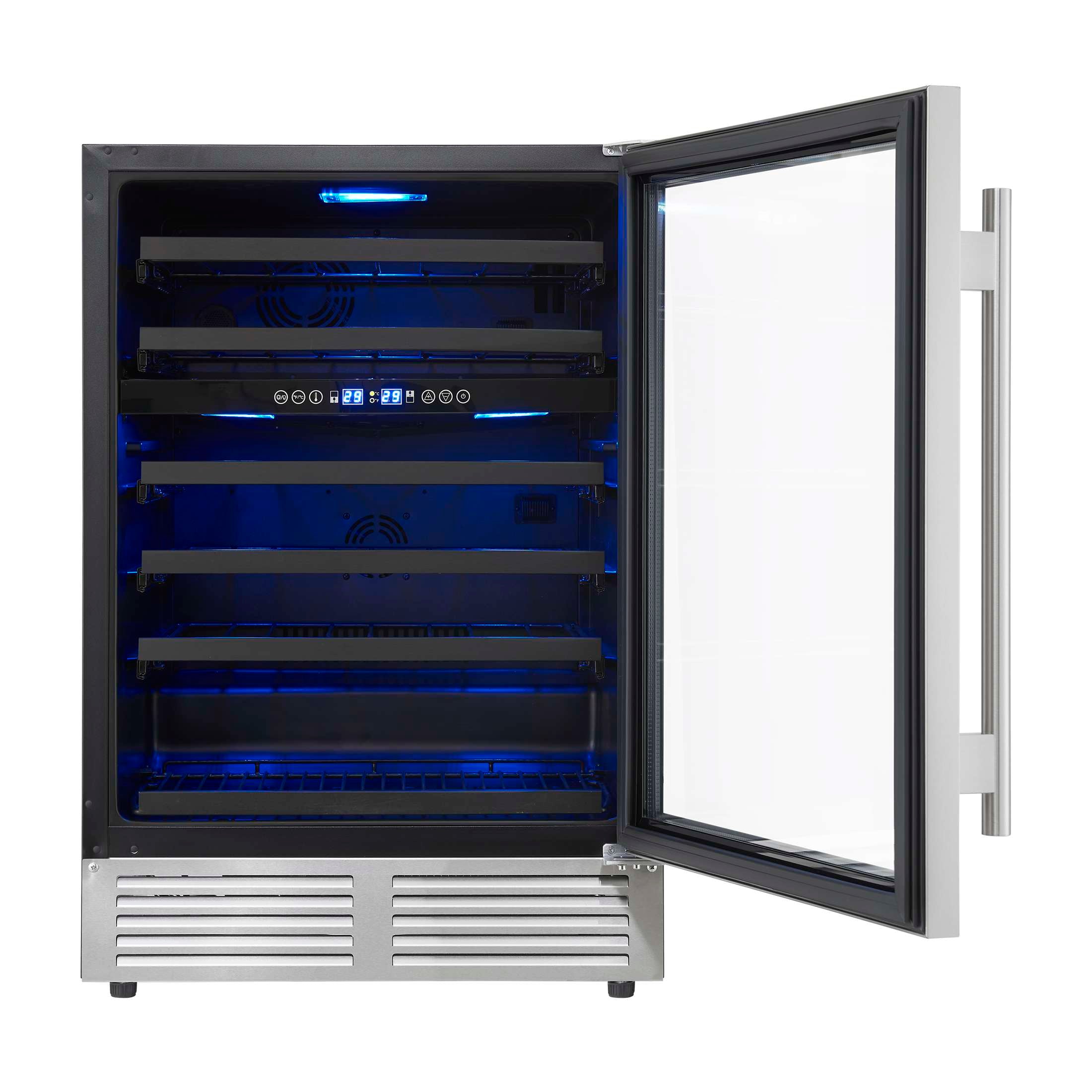 Forno Bacchino 24 Inch Wine Cooler, Stainless Steel, with LED Lighting, Triple Glass Door, 51 Bottle Capacity, Built-In or Freestanding