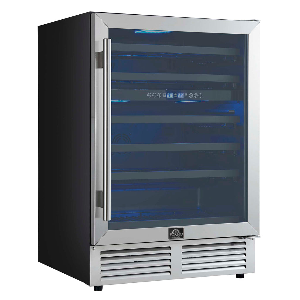 Forno Bacchino 24 Inch Wine Cooler, Stainless Steel, with LED Lighting, Triple Glass Door, 51 Bottle Capacity, Built-In or Freestanding