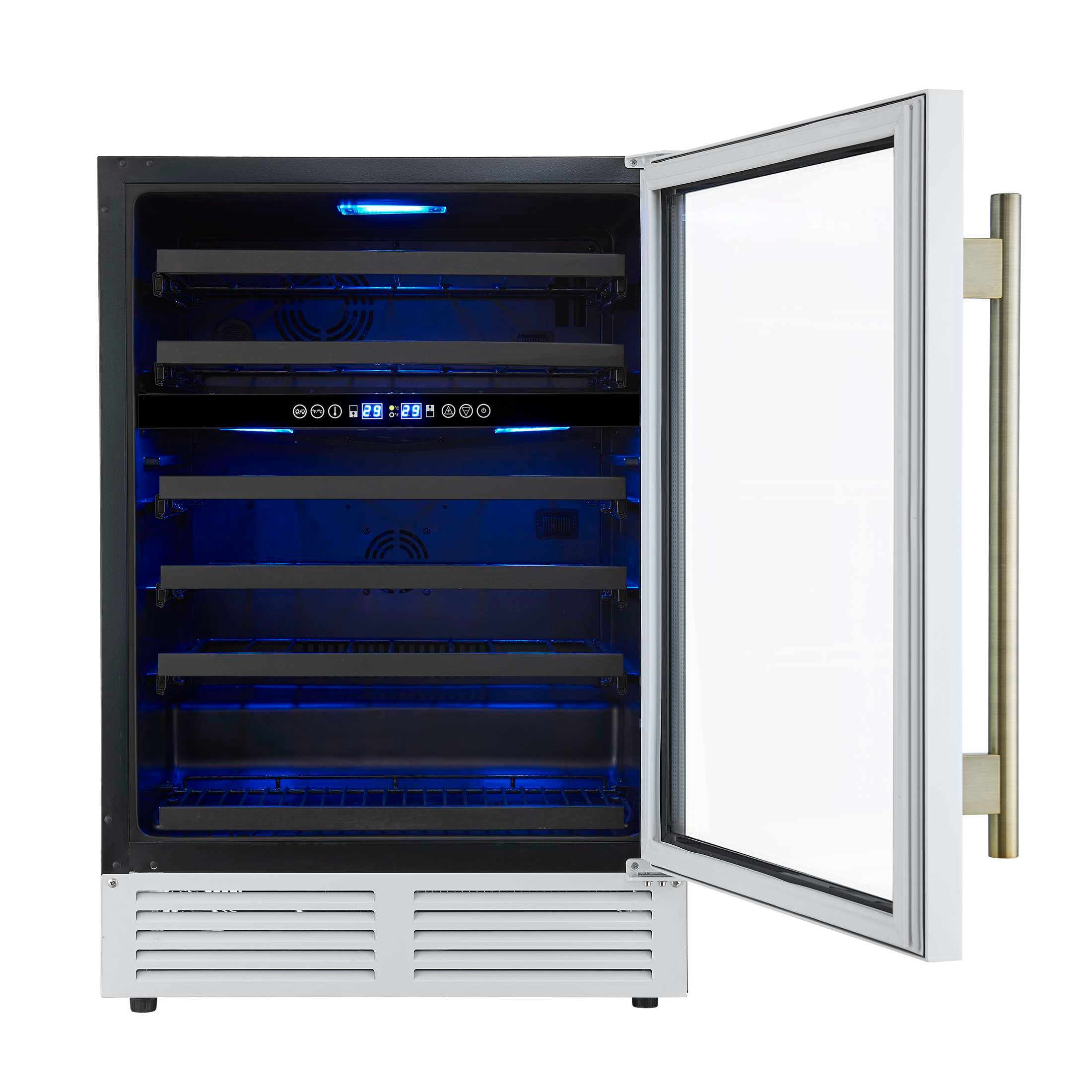 Forno Bacchino 24 Inch Wine Cooler, White with Antique Brass Handles, with LED Lighting, Triple Glass Door, 51 Bottle Capacity, Built-In or Freestanding