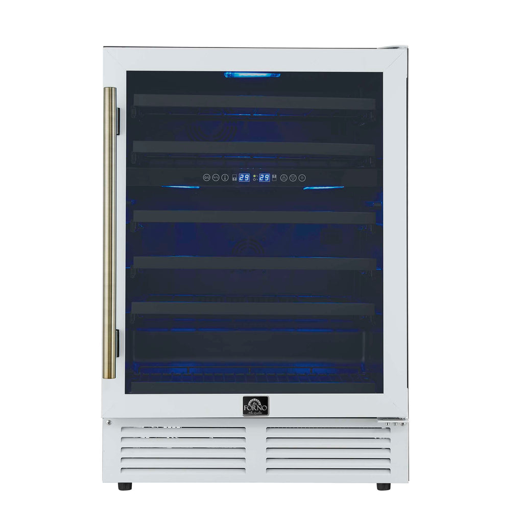 Forno Bacchino 24 Inch Wine Cooler, White with Antique Brass Handles, with LED Lighting, Triple Glass Door, 51 Bottle Capacity, Built-In or Freestanding