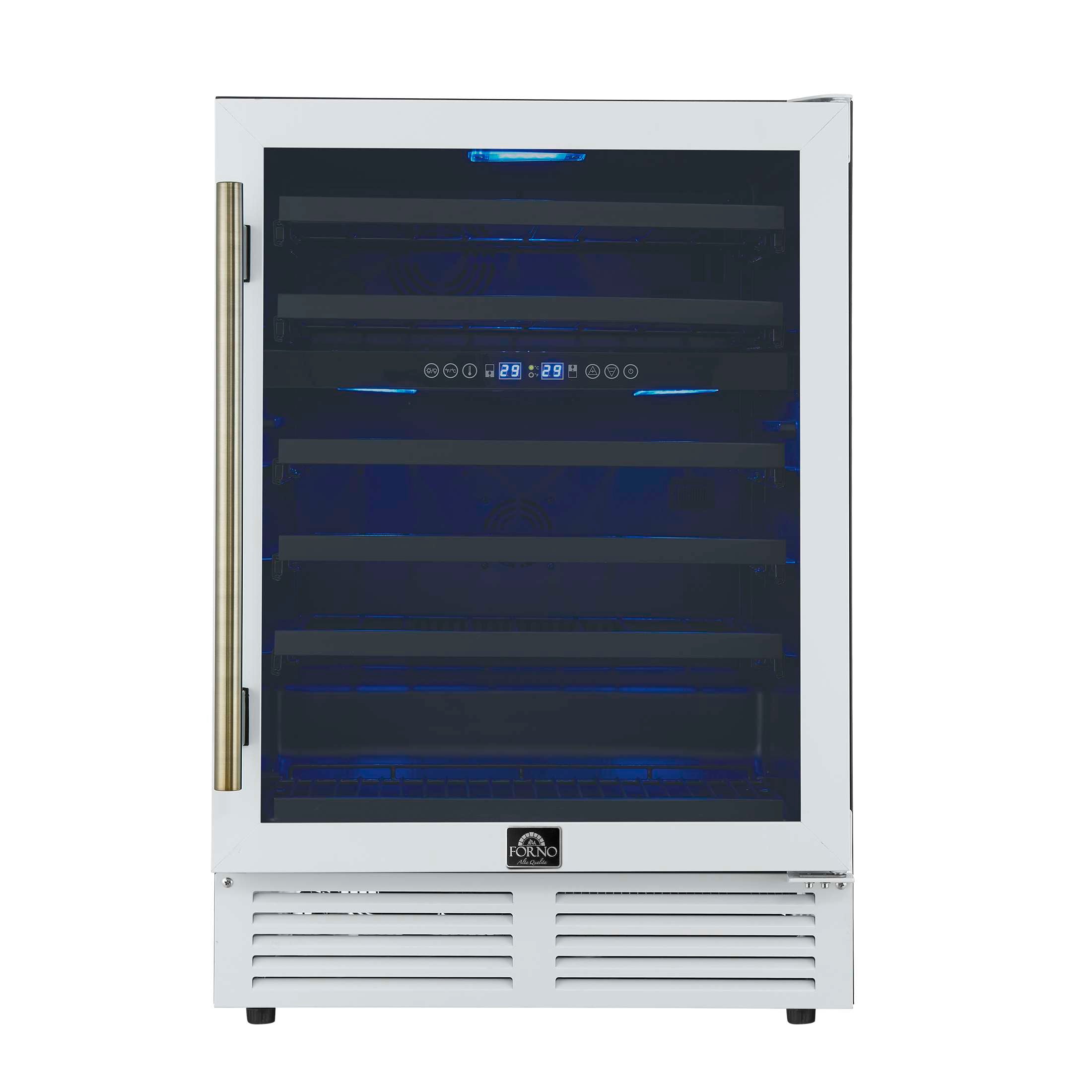Forno Bacchino 24 Inch Wine Cooler, White with Antique Brass Handles, with LED Lighting, Triple Glass Door, 51 Bottle Capacity, Built-In or Freestanding