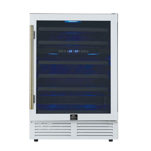Forno Bacchino 24 Inch Wine Cooler, White with Antique Brass Handles, with LED Lighting, Triple Glass Door, 51 Bottle Capacity, Built-In or Freestanding
