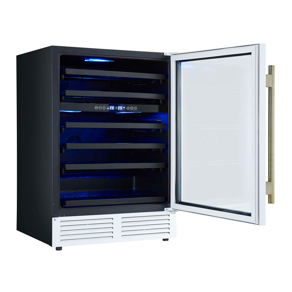 Forno Bacchino 24 Inch Wine Cooler, White with Antique Brass Handles, with LED Lighting, Triple Glass Door, 51 Bottle Capacity, Built-In or Freestanding
