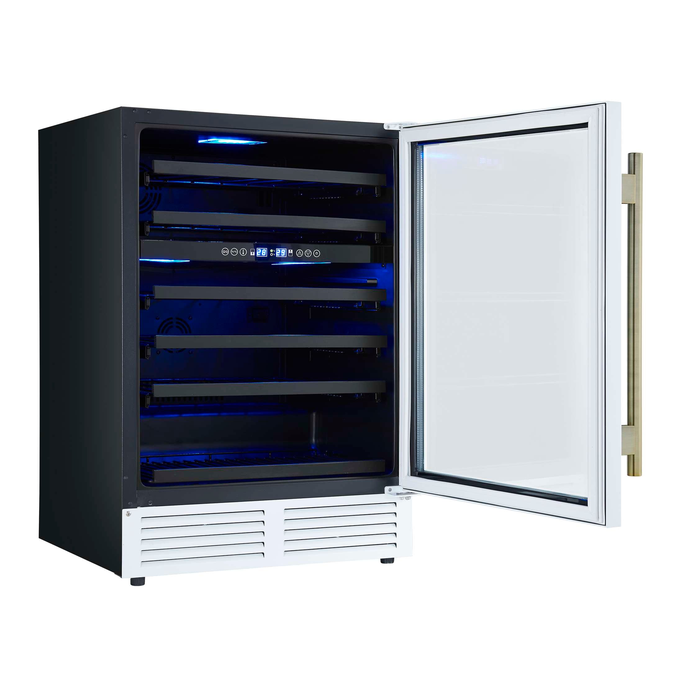 Forno Bacchino 24 Inch Wine Cooler, White with Antique Brass Handles, with LED Lighting, Triple Glass Door, 51 Bottle Capacity, Built-In or Freestanding
