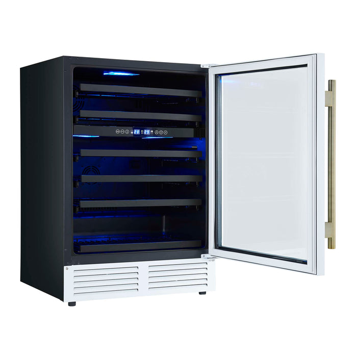 Forno Bacchino 24 Inch Wine Cooler, White with Antique Brass Handles, with LED Lighting, Triple Glass Door, 51 Bottle Capacity, Built-In or Freestanding