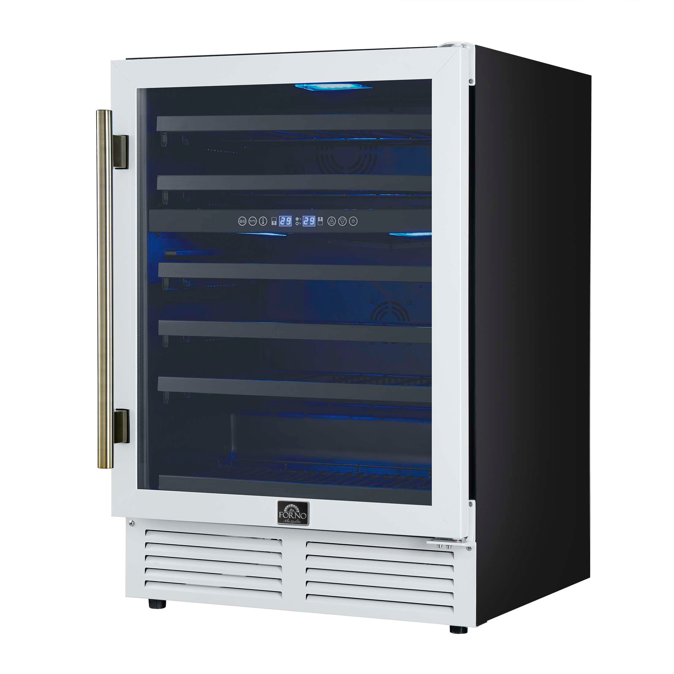 Forno Bacchino 24 Inch Wine Cooler, White with Antique Brass Handles, with LED Lighting, Triple Glass Door, 51 Bottle Capacity, Built-In or Freestanding