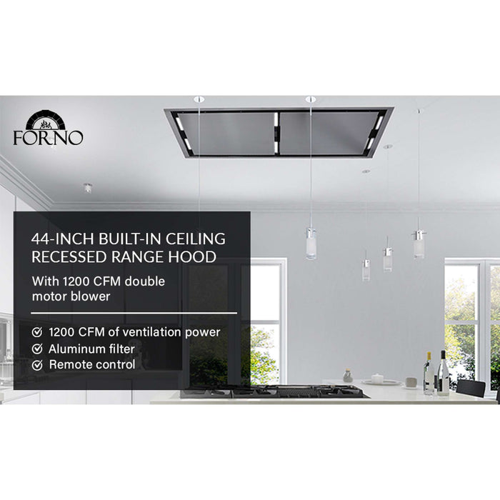 FORNO Arezzo 44-Inch Recessed Ceiling Range Hood, Dual Motors, 1200 CFM, Hybrid Filters, Remote Control