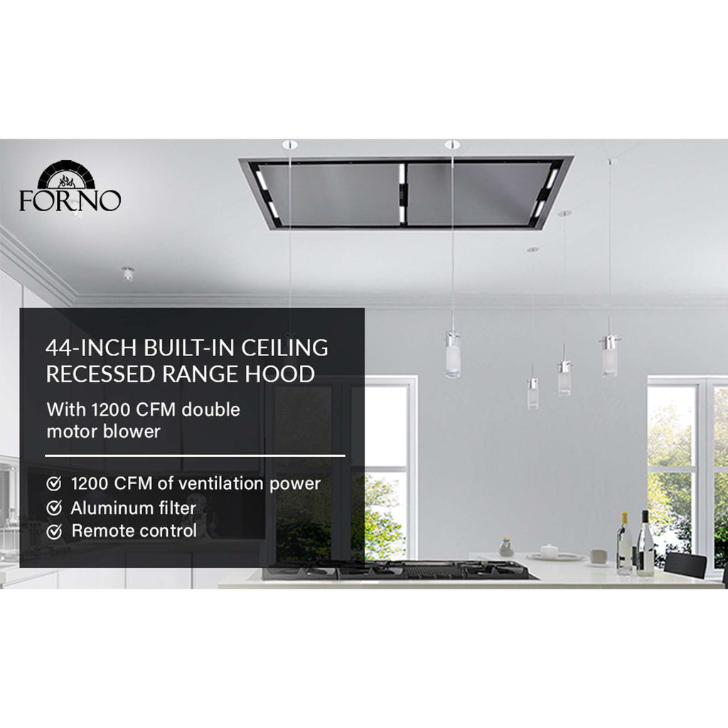 FORNO Arezzo 44-Inch Recessed Ceiling Range Hood, Dual Motors, 1200 CFM, Hybrid Filters, Remote Control