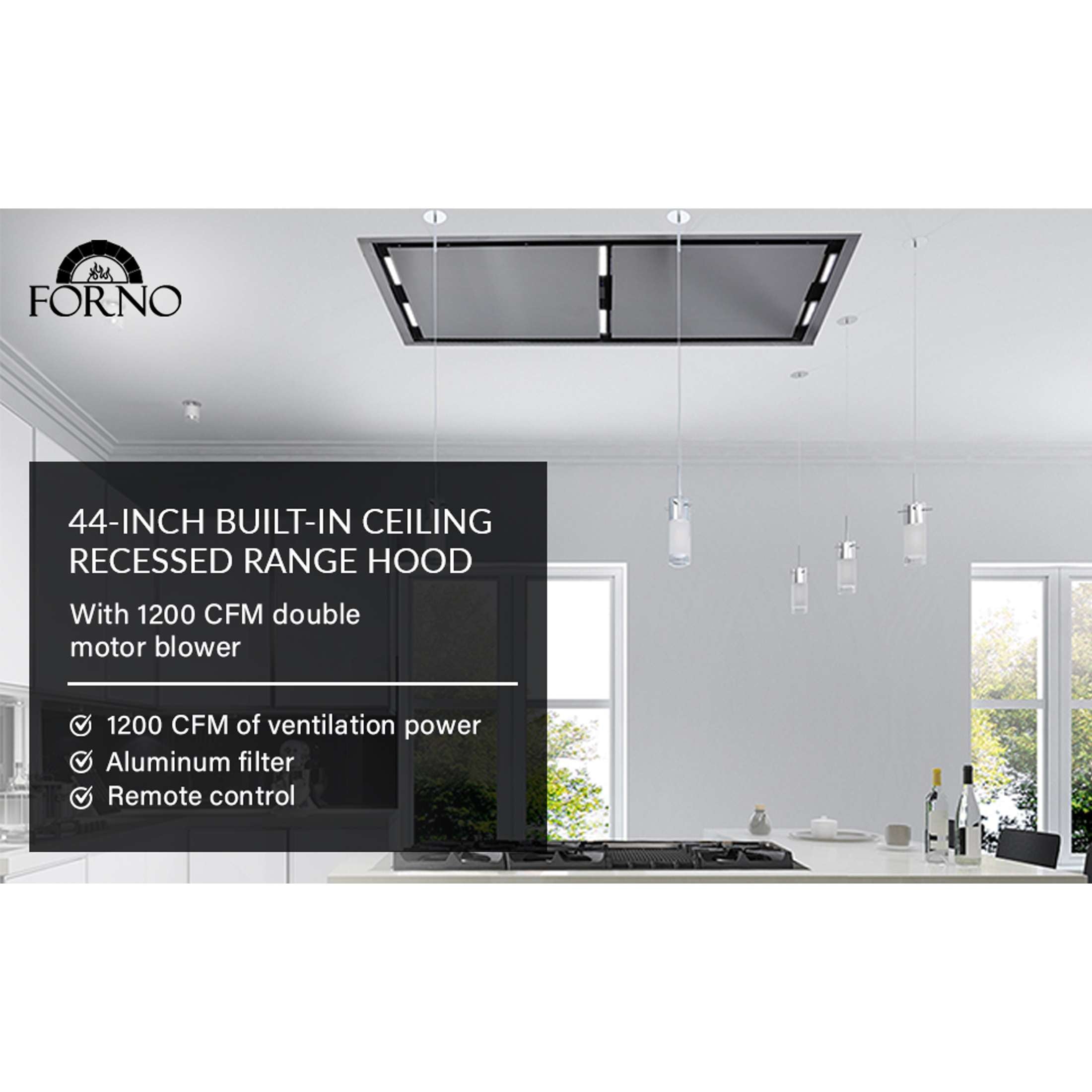 FORNO Arezzo 44-Inch Recessed Ceiling Range Hood, Dual Motors, 1200 CFM, Hybrid Filters, Remote Control