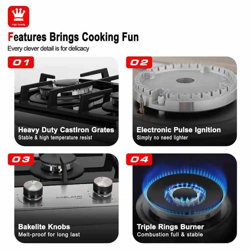 GASLAND 12 Inch 2 Burner Black Tempered Glass Gas Stove